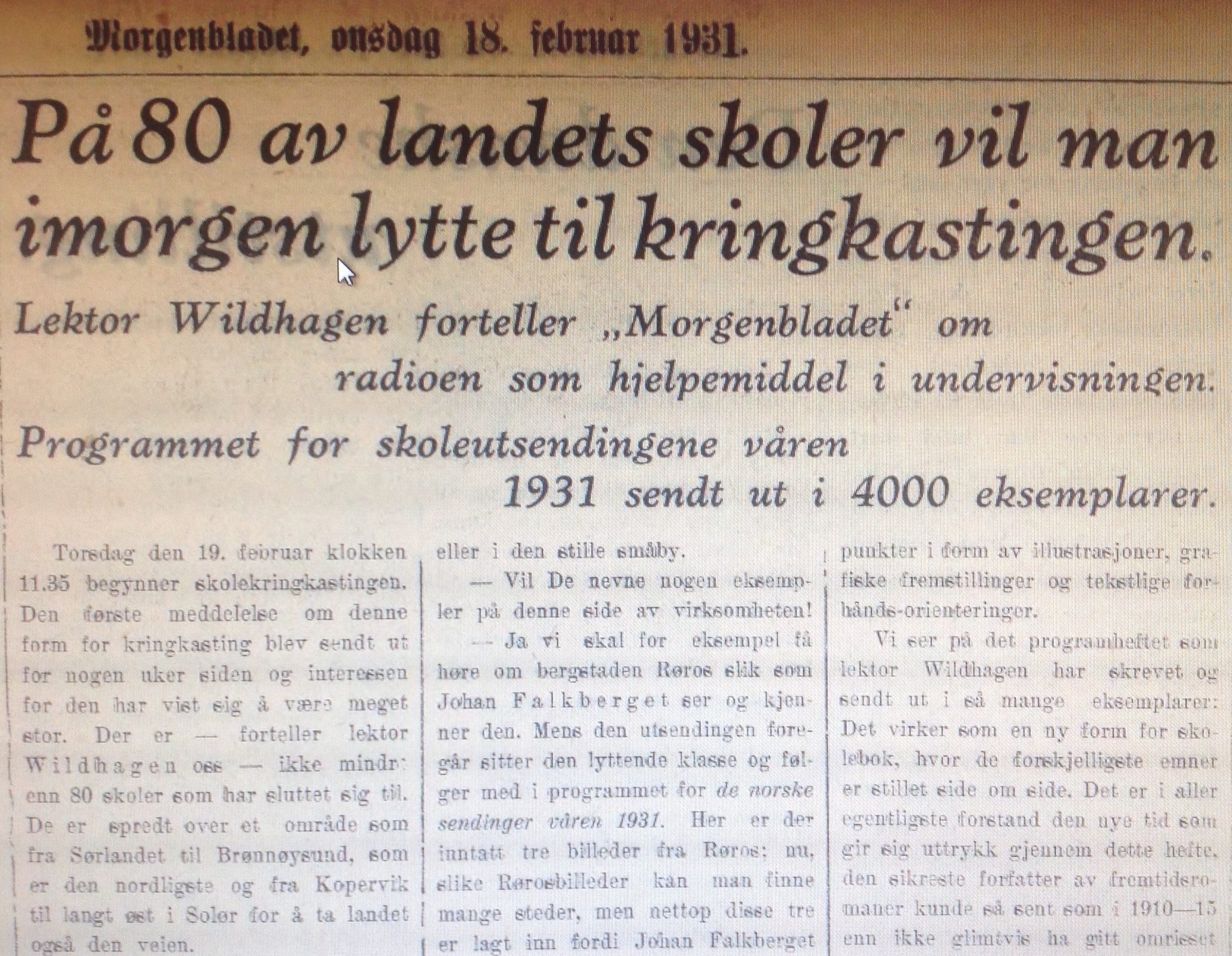 Skolekringkasting og Regine Normann Morgenbladet 1931